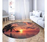 UERWOWELL Tappeti rotondi tropicali sul mare Vacanza rilassante Tramonto Vista mare Palme Modello Tappeto circolare sottile per soggiorno Camera da letto Patio 200cm
