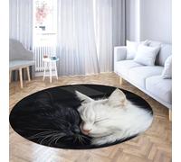 UERWOWELL Tappeti tondi per il sonnellino per gatti bianchi e neri Pattern per dormire fianco a fianco 90cm - Arredamento per il pavimento della camera da letto nero profondo