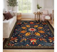 UERWOWELL Tappeti vintage metà secolo lavabili antiscivolo floreali blu navy per sala da pranzo soggiorno camera da letto Tappeto morbido a pelo basso con foglie astratte tappeti 90x180cm