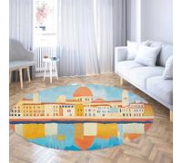 UERWOWELL Tappeto riflesso urbano moderno 100cm - Edificio in stile mediterraneo Pavimento Tappeti rotondi Biblioteca a pelo basso lavabile Arredamento della camera degli ospiti