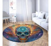 UERWOWELL Tappeto rotondo in stile gotico 120cm Boho Skull Colorful Clouds Pattern Lavabile Accogliente Tappetini circolari a pelo basso per l'ingresso in camera da letto in soggiorno