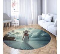 UERWOWELL Tappeto rotondo romantico sul mare 160cm Elegante abito bianco Tappetino da yoga rotondo a pelo basso con stampa sulla scena della spiaggia per il corridoio del soggiorno