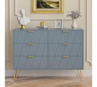UEV Cassettiera 6 Cassetti, Comò in Legno, Mobile Cassettiera Salvaspazio per Camera da Letto, Soggiorno, 100 x 34 x 73cm, Blu Grigio