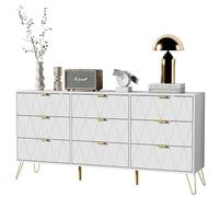 UEV Cassettiera Bianca 9 Cassetti, 150 x 34 x 74 cm, Como Camera da Letto in Legno, Mobile con Cassetti, Credenza Moderna per TV, Soggiorno, Corridoio, Cucina, Bianco