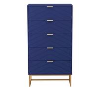 UEV Cassettiera Camera da Letto, Settimino con 5 Cassetti e Motivo di Linea, Mobiletto Moderno e Pratico, Sicuro Design Antiribaltamento, 60x34x110cm, Blu Scuro