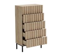 UEV Cassettiera Naturale con 5 Cassetti, Settimino Salvaspazio con Motivo a Doghe di Legno, Cassettiere Camera da Letto Solida e Stabile con Design Antiribaltamento, 60 x 34 x 110 cm, Naturale