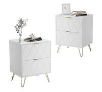 UEV Comodino Bianco Set di 2, Tavolini con 2 Cassetti in Legno ingegnerizzato Robusto, Comodino Piccolo Moderno con Maniglie e Gambe in Oro Cromato per Camera da Lett, 40 x 30 x 52 cm, Bianco