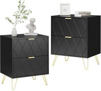 UEV Comodino Set di 2, Tavolino con 2 Cassetti in Legno, Comodino Piccolo Moderno, Maniglie e Gambe in Oro Cromato, per Camera da Letto, Soggiorno, 40 x 30 x 52 cm, Nero