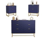 UEV Set di 3 Mobili con Motivo V per Camera da Letto, Cassettiera a 6 Cassetti e Set di 2 Comodini, Stabile Mobiletto con Miniglie e Piedini in Metallo, Navy Blu