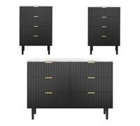 UEV Set di 3 Mobili per Camera da Letto, Cassettiera a 6 Cassetti e Due Cassettiere a 4 Cassetti, Soffitto Color Marmo, Mobile Portaoggetti (Nero con soffitto in marmo, 6Cassetti+4Cassetti*2)