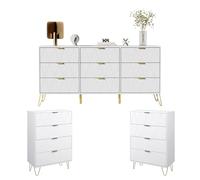 UEV Set di 3 Mobili per Camera da Letto, Cassettiera a 9 Cassetti con Due Cassettiere a 4 Cassetti, Stile con Maniglie e Piedini in Colore Oro, Motivo a Linee, Stile Scandinavo (Bianco)