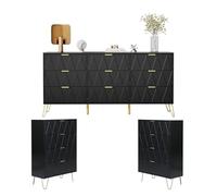 UEV Set di 3 Mobili per Camera da Letto, Cassettiera a 9 Cassetti con Due Cassettiere a 4 Cassetti, Stile con Maniglie e Piedini in Colore Oro, Motivo a Linee, Stile Scandinavo (Nero)