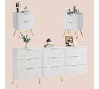 UEV Set di 3 Mobili per Camera da Letto, Cassettiera con 9 Cassetti e Set di 2 Comodini, con Maniglie e Piedini in Colore Oro, Scandinavo per Soggiorno, Camera da Letto (Bianco x 3)