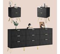 UEV Set di 3 Mobili per Camera da Letto, Cassettiera con 9 Cassetti e Set di 2 Comodini, con Maniglie e Piedini in Colore Oro, Scandinavo per Soggiorno, Camera da Letto (Nero x 3)