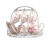 ufengke 15 Pezzi Set da tè Europeo Classico, Motivo Camelia Rosa E Bordo Dorato, Bone China Servizio da tè Set da caffè Vintage con Staffa Metallica, per Regalo, La Famiglia E Ufficio