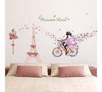 ufengke Adesivi Murali Ragazza Bicicletta Adesivi Muro Fiori Torre Eiffel per Camera da Letto Bambini Soggiorno Asilo Nido Decorazioni Parete