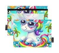 Ufficio 3 anelli raccoglitore matita sacchetto cerniera raccoglitore matita sacchetto penna scuola raccoglitore trasparente tasche carino unicorno spiaggia colorato 24,9 x 18 cm, 2 confezioni