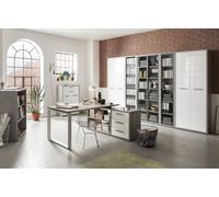 Composad | Ufficio Completo della Linea DISEGNO, Set di 8 Mobili, Scrivania, Libreria, Cassettiera, Vetrina, Scrivania Angolare, Mobili Ufficio, Colore Cemento e Bianco Laccato, Made in Italy