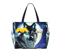 UFhgjjb Borsa tote di grande capacità - Borsa da viaggio con stampa originale color legno con tasche multiple per vacanze, campeggio, crociera, Lupo sotto la luna, Taglia unica