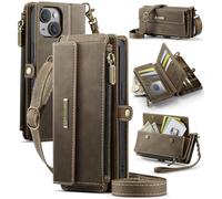 UFinetech Custodia Portafoglio A Tracolla Con Protezione RFID, Compatibile Con iPhone 13, Cover In Pelle PU Con Porta Carte E Tasca Zip Per Utilizzo Quotidiano E Mani Libere, Caffè