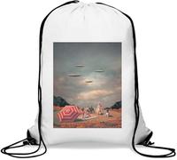 UFO Alien Invasion Retro Style Vintage Poster Gym Sack Casual Drawstring Bag Bianco