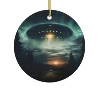 UFO at night Print Xmas Ceramic Tree Ornament for Home Shop Office Holiday Hanging Decor