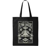 UFO Attack Flying Saucers Retro Art Natural Ecologico Cotone Tote Bag Nero, Nero , Taglia unica