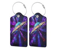 UFO in Space - Etichette per bagagli in vetro colorato per valigie, confezione da 2 etichette per bagagli in pelle con patta per la privacy, etichetta identificativa con nome e anello in metallo, per
