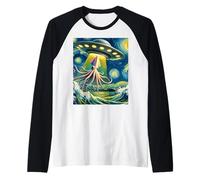 UFO rapire un calamaro gigante, stile notte stellata di Van Gogh Maglia con Maniche Raglan