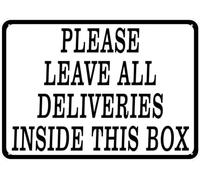 UFRUDR Targa in metallo con scritta in lingua inglese "Please Leave All Deliveries Inside of This Box", cartello di avvertimento, decorazione da parete vintage, per casa, fattoria, bar, caffetteria
