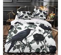 UFVZBNFAN 3D Design Printed 3 Pieces Bedding Set Black Raven Perched Comforter Cover Home Decor Zipper Extra Soft Easy Care Washable for Boys,Girls,Teens Gothic Floral Quilt Cover Single（140x200cm）