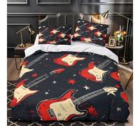UFVZBNFAN 3D Design Printed 3 Pieces Bedding Set Red Guitar Comforter Cover Home Decor Zipper Extra Soft Easy Care Washable for Boys,Girls,Teens Vintage Rock Quilt Cover Single（140x200cm）