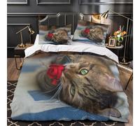 UFVZBNFAN 3D Printed 3-Piece Bedding Set Bedroom Decor Hidden Zipper Ultra Cute Cat with Rose Comforter Cover Breathable All Season for Girls,Kids,Adults Pet Love Quilt Cover Double（200x200cm）