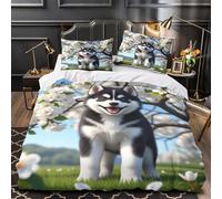 UFVZBNFAN 3D Printed 3-Piece Bedding Set Room Decor Zipper Super Soft Cute Husky Puppy Comforter Cover Durable Machine Washable for Kids,Teens,Women Spring Garden Quilt Cover Single（135x200cm）