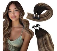 Ugeat Extension Capelli Cheratina Balayage Castano Scuro Extension Capelli Veri Cheratina Piatta #1B/4/27 Nero Castano Biondo 45 cm Lunghezza Media Remy Lisci 50 ciocche 50G