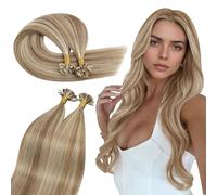 Ugeat Extension Capelli Veri Cheratina Castano Meches Platino, 55 cm 50ciocche 50grammi, Extension Capelli con Cheratina Meches Biondo Castano #P10/613 Remy Lunghi Lisci