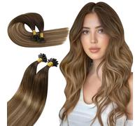 Ugeat Extension Capelli Veri Cheratina Ombre Castano Scuro Extension Alla Cheratina Capelli Veri 45 cm Castano Dorato con Biondo Remy Lisci Naturale 50ciocche 50G