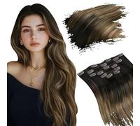 Ugeat Extension Capelli Veri Clip 7pz 105grammi Balayage Marrone Scuro Extension con Clip Capelli Veri Castano Medio Balayage Biondi Remy Umano Corti Lisci 35cm