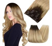 Ugeat Extension Capelli Veri Clip Balayage Castano Scuro 35 cm 105grammi 7pz Extension Clip Capelli Veri Marrone Chiaro con Bionde Remy Umani Lisci