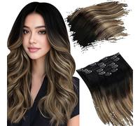 Ugeat Extension Capelli Veri Clip Castano Scuro Balayage, 45 cm 7pz 120grammi, Extension con Clip Capelli Veri Neri Castani con Biondi Balayage, Remy Lisci Umani Naturale