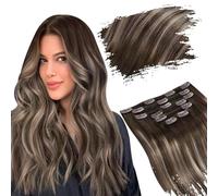 Ugeat Extension Capelli Veri Clip Cioccolato 45cm 7pz 120G Balayage Extension Capelli con Clip Veri Marrone Scuro Cenere Lunghezza Media Lisci Naturale #4/18/4