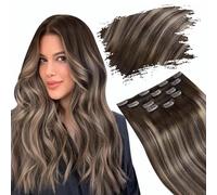 Ugeat Extension Capelli Veri Clip Lisci 30cm 5pz Castani Balayage Extension Capelli Veri con Clip Castano Scuro Cenere Ombre Naturale Remy Corti 85grammi