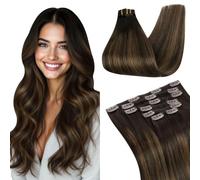 Ugeat Extension con clip, capelli veri, balayage, 35 cm, 105 g, 7 pezzi, #2 | Extension con clip, capelli veri Remy, castano scuro con castano medio, morbide per una maggiore pienezza nella vita