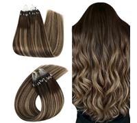 Ugeat Extension con microring, capelli veri, 60 cm, balayage, 50S, 50 g, 4 | Extension in capelli veri Remy, con microring, castano scuro ombré, biondo caramello, senza cuciture e leggere