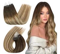 Ugeat Extension Microring Capelli Veri Biondi 50cm 50ciocche Ombre Castano Extension Micro Ring Capelli Veri Castani Scuro Medio Balayage Remy Lisci Traspiranti 50G