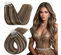 Ugeat Extension Microring Capelli Veri Biondo Caramello Meches Cioccolato, 50 cm 50ciocche 50grammi, Extension Micro Ring Capelli Veri Castano Biondo, Remy Invisibili Lisci