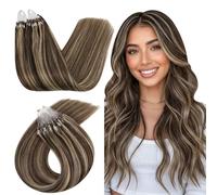 Ugeat Micro Loop Extension Capelli Umani 24 Pollice Estensione Loops Naturale 50 Grammi Loop Estensione Capelli Naturale Highlight 50 Fili Bead in Estensioni Capelli Marrone Scuro con Bionda #4/27