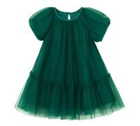 Ugitopi - Abito in tulle per ragazze con fodera in cotone - Elegante abito da festa A-line con maniche a sbuffo, gonna a strati multiplo e comfort per bambine attive, verde scuro, 2 Anni