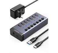 UGREEN Hub USB 3.0 Alimentato, 7 Porte, Interruttori Indipendenti e Alimentatore 24W (12V/2A), Ciabatta USB 3.0 per Ricarica e Trasferimento dati, in Alluminio