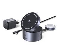 UGREEN MagFlow 3 in 1 Caricatore Wireless Qi2 15W Regolabile | Compatibile con iPhone 17 16 15 14 13 12 Air Plus Pro Max AirPods 4 3 Pro 3 2 1 iWatch, Regolabile, con Caricatore 45W